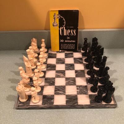 LOT 94B: Marble Chess Board w/ Intricately Carved Set of Chess Pieces & More