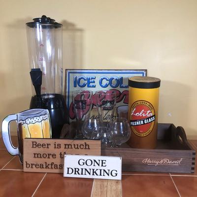 LOT 95B: Bar Collection - Lolita Pilsner Glass w/ Box, Harry & David Wooden Tray, Clay Art Beer Mug Dish, Insulated Drink Dispenser & More