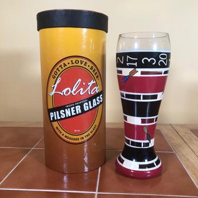 LOT 95B: Bar Collection - Lolita Pilsner Glass w/ Box, Harry & David Wooden Tray, Clay Art Beer Mug Dish, Insulated Drink Dispenser & More