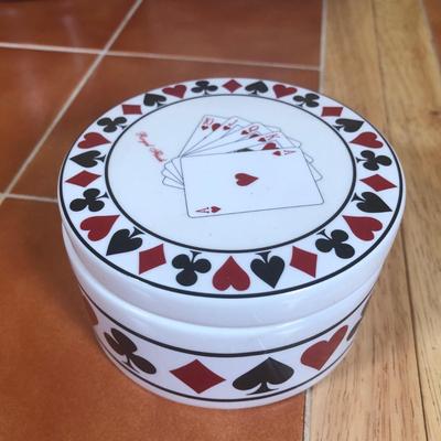 LOT 97B: Poker Collection - American Atilier Poker Hand Casino Royale Corkback Coasters & Dessert Plate Set 5367 w/ Chips, Wooden Chip...