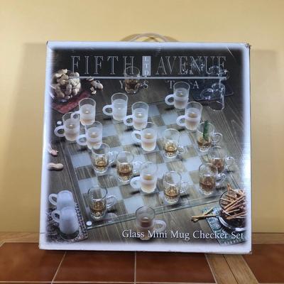LOT 99B: Fifth Avenue Glass Mini Mug Checker Set w/ Box & Elements Roulette Shot Glass Set w/ Box (Missing 1 Glass)