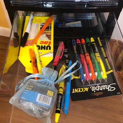 LOT 126B: Large Collection of Office Supplies - NIP Ikong Ink Cartridges LC203XL, Iris Rolling Organizer Cart & Waste Bin