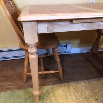 LOT 127B: World Imports Tile Top Dining Table w/ Flip Up Leaf & Four Oak Furniture Chairs