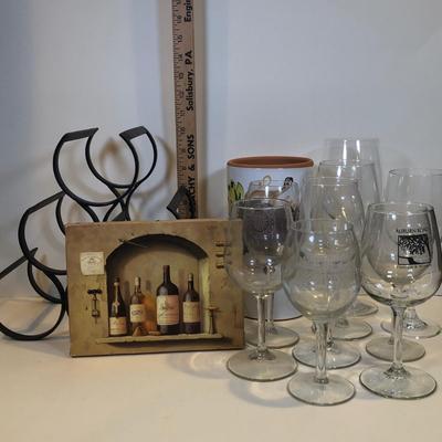 LOT 160K: Wine Collection - Stoppers, Glasses, Wine Rack, Decor, Coasters & Kitchen Linens