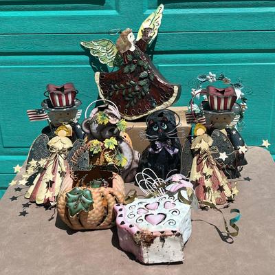 LOT 162G: Seasonal Outdoor Tin Decorations - Candle Lanterns, Wall Decor and More