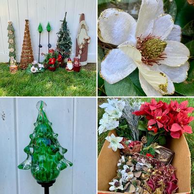 LOT 182 G: Christmas Decor Collection: Solar Blown Glass Tree Lights, 3' Miniature Tree w/ Lights, Faux Flowers, Candle Holder Garland,...
