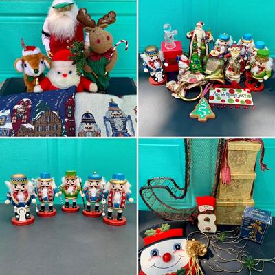 LOT 184 G: Christmas Decor Collection: Throw Pillows, Nutcrackers, Misaka Crystal Angel Candle Holder, Poker & Wine Santas, Musical Wind...