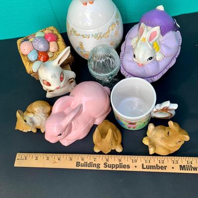 LOT 185 G: Easter Decor Collection: Beatrix Potter Peter Rabbit Jar, Ceramic Berry Baskets, Snow Globes, & More