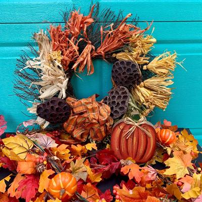 LOT 186 G: Fall Decor & Dinner Collection: Beautiful Pumpkin Tureen, Large Turkey & Vegetable Platter, Fall Leaves Garland w/ Lights, & More