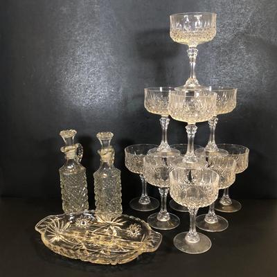 LOT 219K: Cut Crystal Collection - Stemmed Glasses, Cruets & Divided Dish