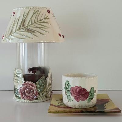 LOT 223S: Blue Sky Rose & Pine Cylinder Lamp, Hand Painted Candle Holder & Trinket Tray