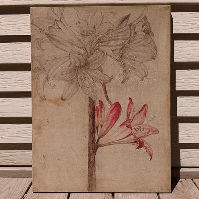 LOT 231F: Limestone Candle Pedestal w/ Pair of Floral Canvas Art by Domain & Metal Wall Decor