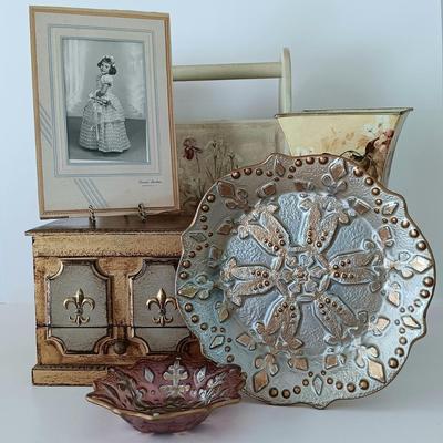 LOT 239S: Vintage Jewelry Box w/ Metal Planters, Glass Snowflake Dish Set & More