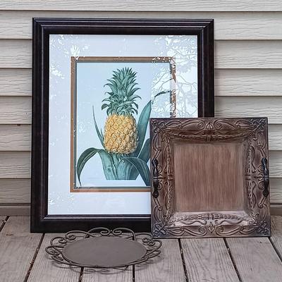 LOT 255S: Framed Pineapple Art with Pair of Decorative Metal Trays
