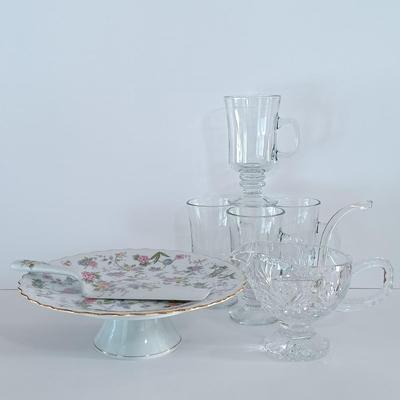 LOT 256S: Andrea by Sadek Porcelain Cake Plate and Knife with a Collection of Glassware