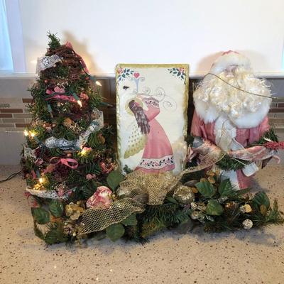 LOT 265K: Pink Christmas Collection - Lit Mini Tree, Santa Tree Topper, Angel Slate Decor & Garland Centerpiece