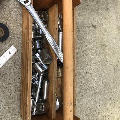 LOT 275G: Variety of Tools incl. Socket Wrench, Hammers, Wooden Tool Box & More