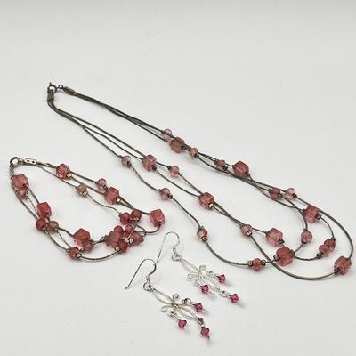 LOT 286J: Pink Beaded Double Strand Sterling Silver Necklace with Matching Bracelet and Similar Earrings