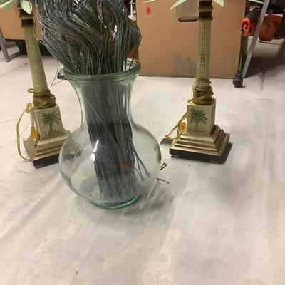 2 palm lamps and glass vase