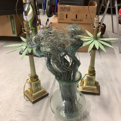 2 palm lamps and glass vase