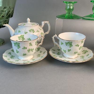 1079 Vintage Aynsley Clover Tea Set with Glass Candlesticks and Pedestal bowl