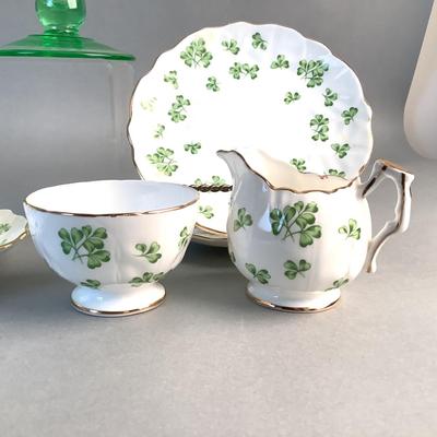 1079 Vintage Aynsley Clover Tea Set with Glass Candlesticks and Pedestal bowl