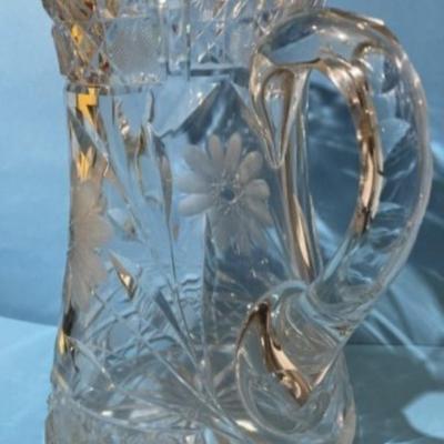 Vintage 20th Century Etched Glass Crystal PITCHER Approx 7" Tall in Good Preowned Condition.