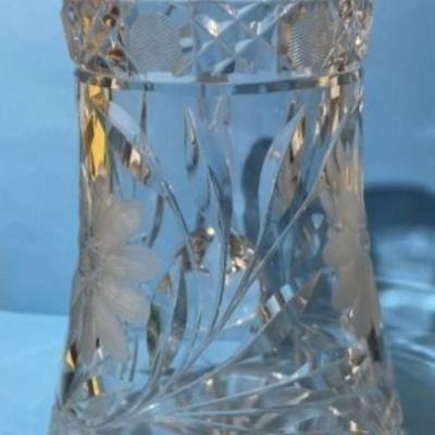 Vintage 20th Century Etched Glass Crystal PITCHER Approx 7" Tall in Good Preowned Condition.