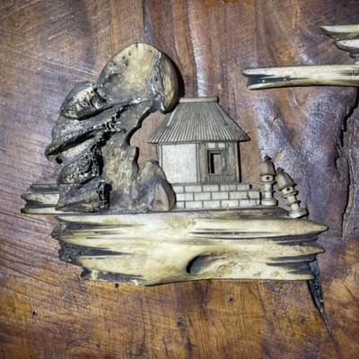 Vintage Unique Japanese George Nakashima Style Walnut Decor 32" Tall with Applied Bone Carvings in Good Condition.