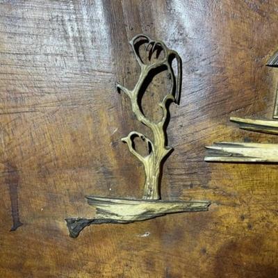 Vintage Unique Japanese George Nakashima Style Walnut Decor 32" Tall with Applied Bone Carvings in Good Condition.