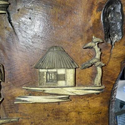 Vintage Unique Japanese George Nakashima Style Walnut Decor 32" Tall with Applied Bone Carvings in Good Condition.