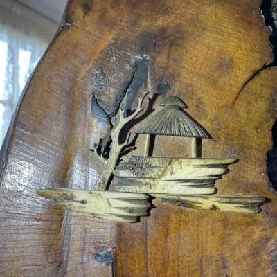 Vintage Unique Japanese George Nakashima Style Walnut Decor 32" Tall with Applied Bone Carvings in Good Condition.