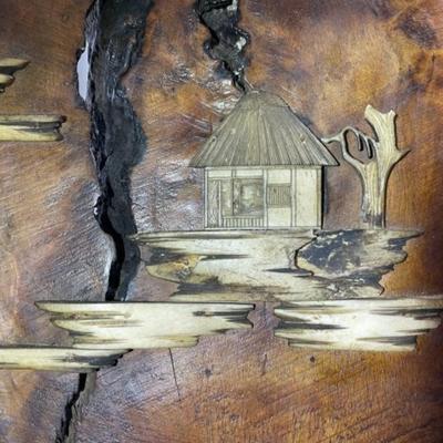 Vintage Unique Japanese George Nakashima Style Walnut Decor 32" Tall with Applied Bone Carvings in Good Condition.