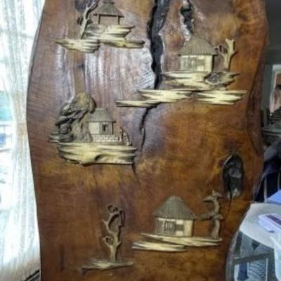 Vintage Unique Japanese George Nakashima Style Walnut Decor 32" Tall with Applied Bone Carvings in Good Condition.