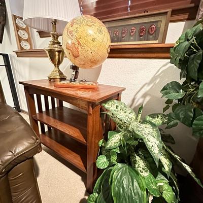 Lighted globe lamp, Pleather chair ottoman with craftsman style Oakside table