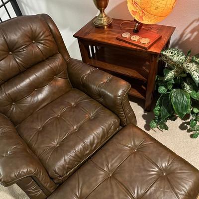 Lighted globe lamp, Pleather chair ottoman with craftsman style Oakside table