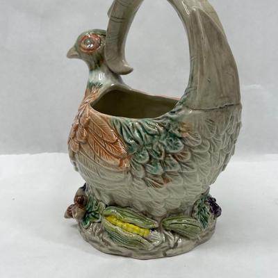 Ceramic Majolica Pheasant Basket Container