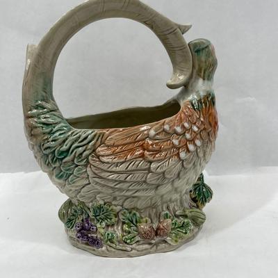 Ceramic Majolica Pheasant Basket Container