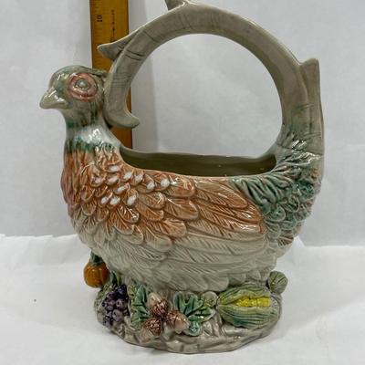 Ceramic Majolica Pheasant Basket Container