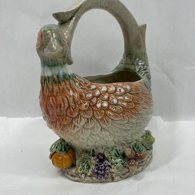 Ceramic Majolica Pheasant Basket Container