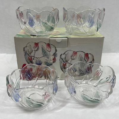 MIKASA glass bowl set with blue & pink tulips - 4 bowls new in box
