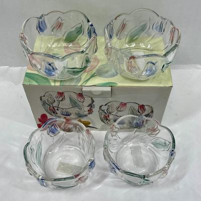 MIKASA glass bowl set with blue & pink tulips - 4 bowls new in box