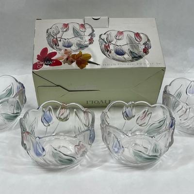 MIKASA glass bowl set with blue & pink tulips - 4 bowls new in box
