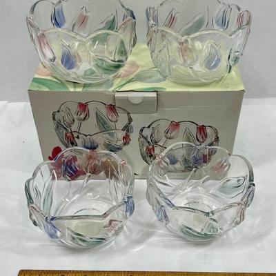 MIKASA glass bowl set with blue & pink tulips - 4 bowls new in box