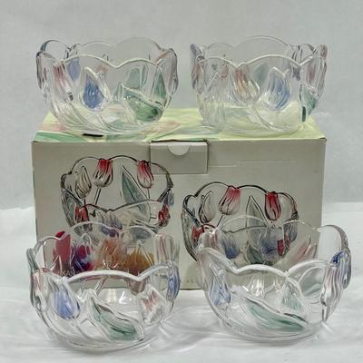 MIKASA glass bowl set with blue & pink tulips - 4 bowls new in box