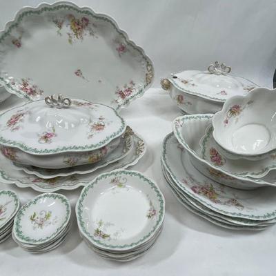Pretty LIMOGES Rose Pattern on White with mint border print - large set, over 50 Pcs.