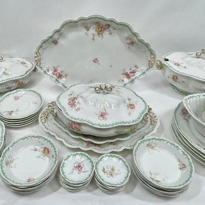 Pretty LIMOGES Rose Pattern on White with mint border print - large set, over 50 Pcs.