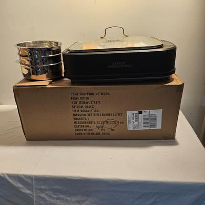 Three Burner Buffet Server w/Pots (NIB) + Electric Smokeless Grill (G-JS)