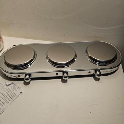 Three Burner Buffet Server w/Pots (NIB) + Electric Smokeless Grill (G-JS)