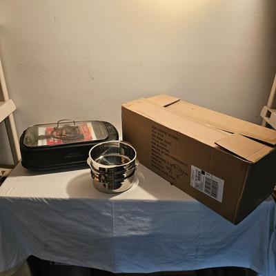 Three Burner Buffet Server w/Pots (NIB) + Electric Smokeless Grill (G-JS)